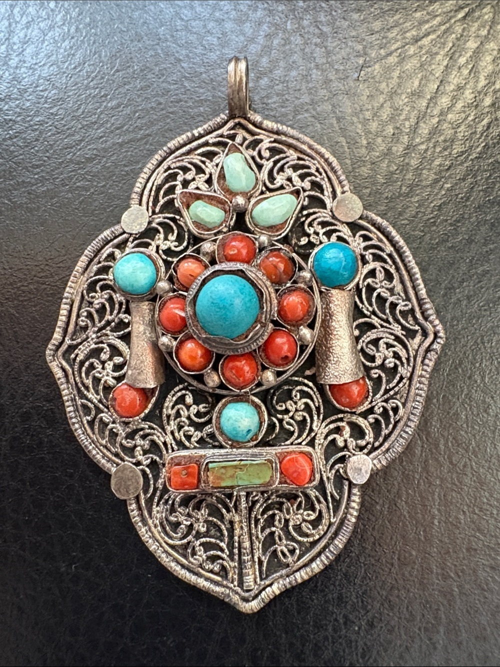 Intricate Tibetan Silver Colour Turquoise & Coral Filigree Pendant